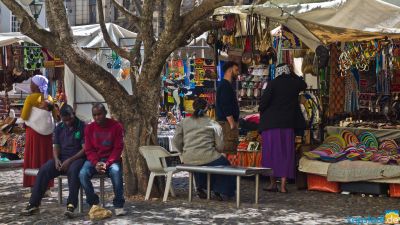 Colourful stalls all over Greenmarket Square in Cape Town