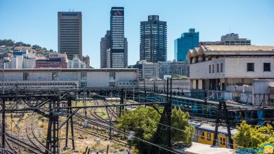 Rail network with Cape Town Central Station seen from a bridge